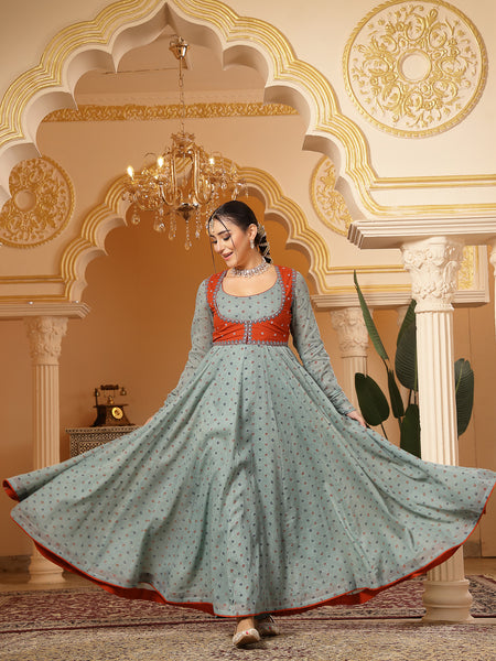 Kimayra Cotton Calf Length Printed Full Sleeves Round Neck Anarkali Kurta Suit Set