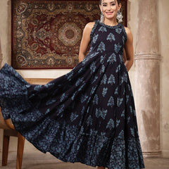 Kimayra Cotton Calf Length Printed Sleeveless Round Neck Flared Kurta