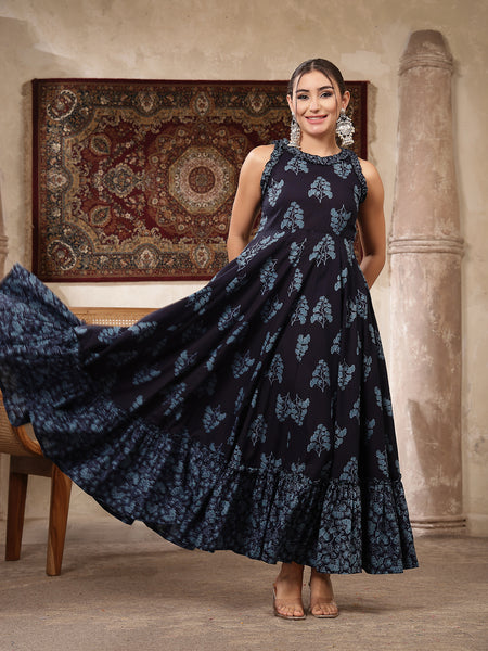 Kimayra Cotton Calf Length Printed Sleeveless Round Neck Flared Kurta