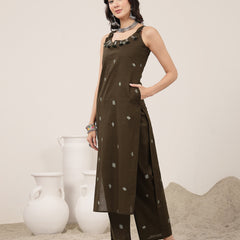 Kimayra Cotton Calf Length Solid Sleeveless Round Neck Straight Kurta Suit Set