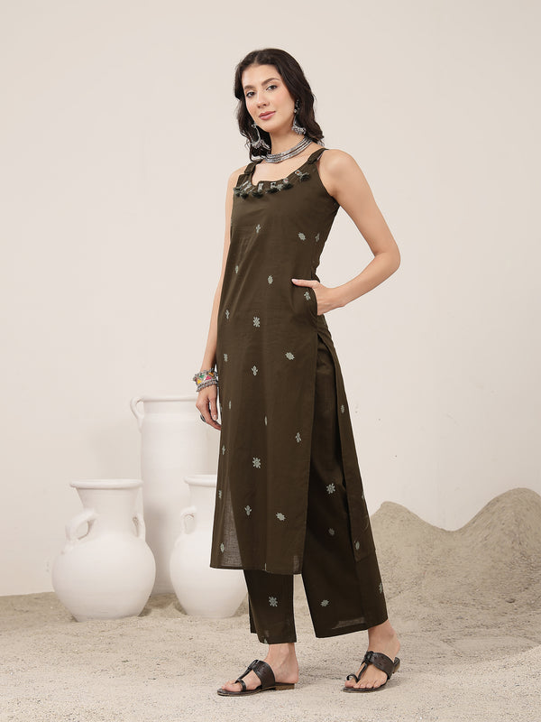 Kimayra Cotton Calf Length Solid Sleeveless Round Neck Straight Kurta Suit Set