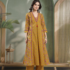 Kimayra Cotton Calf Length Printed 3/4 Sleeve V-Neck Flared Kurta Suit Set