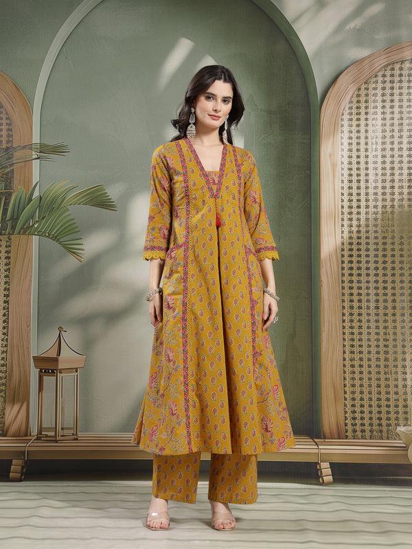 Kimayra Cotton Calf Length Printed 3/4 Sleeve V-Neck Flared Kurta Suit Set