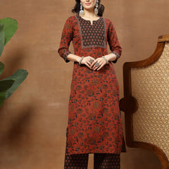 Kimayra Cotton Calf Length Printed 3/4 Sleeve Round Neck Straight Kurta Suit Set