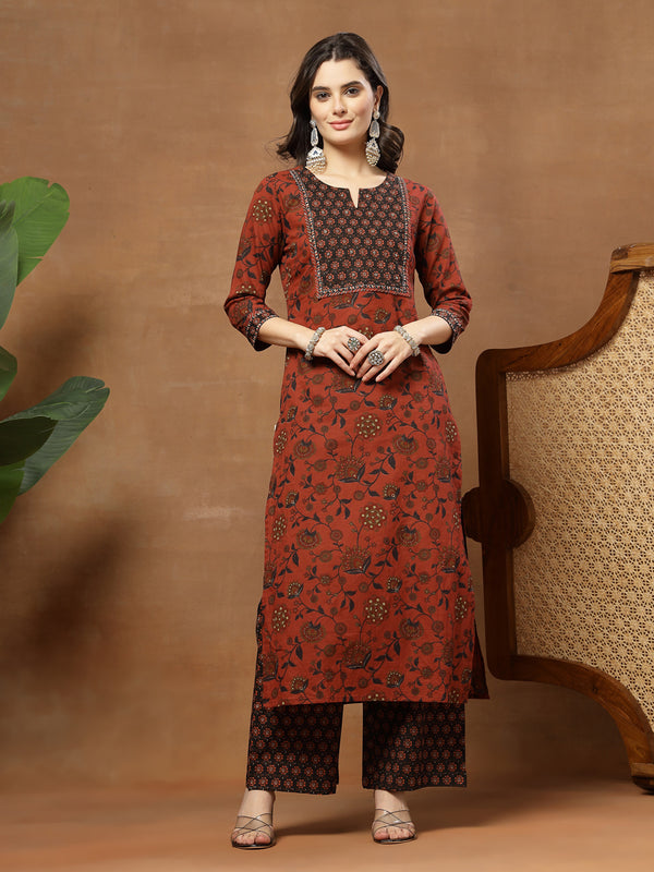 Kimayra Cotton Calf Length Printed 3/4 Sleeve Round Neck Straight Kurta Suit Set