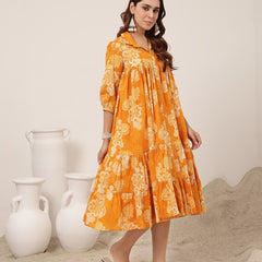 Kimayra Cotton Knee Length Printed 3/4 Sleeve Shirt Collar Flared Dress