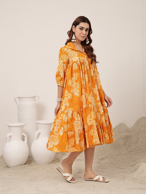 Kimayra Cotton Knee Length Printed 3/4 Sleeve Shirt Collar Flared Dress