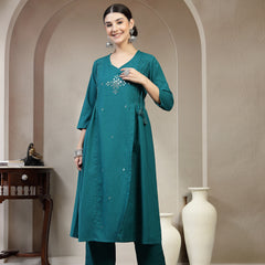 Kimayra Cotton Calf Length Solid 3/4 Sleeve V Neck A Line Kurta