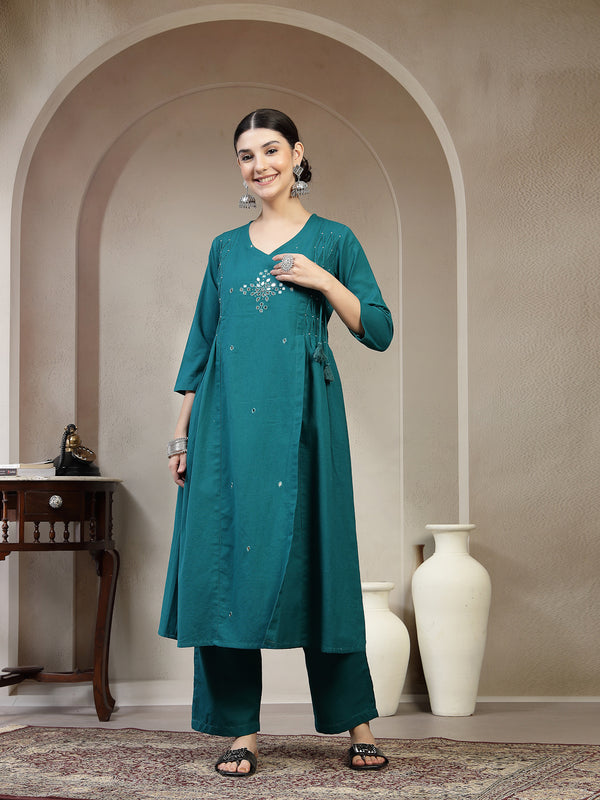 Kimayra Cotton Calf Length Solid 3/4 Sleeve V Neck A Line Kurta