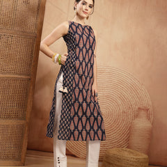 Kimayra Rayon Calf Length Printed Sleeveless Round Neck Straight Kurta