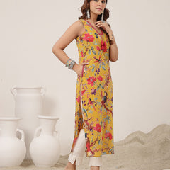 Kimayra Cotton Calf Length Printed Sleeveless V-Neck Straight Kurta
