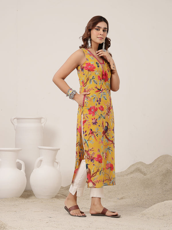 Kimayra Cotton Calf Length Printed Sleeveless V-Neck Straight Kurta