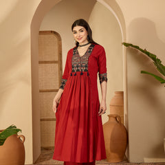 Kimayra Rayon Calf Length Solid 3/4 Sleeve V-Neck Flared Kurta Suit Set