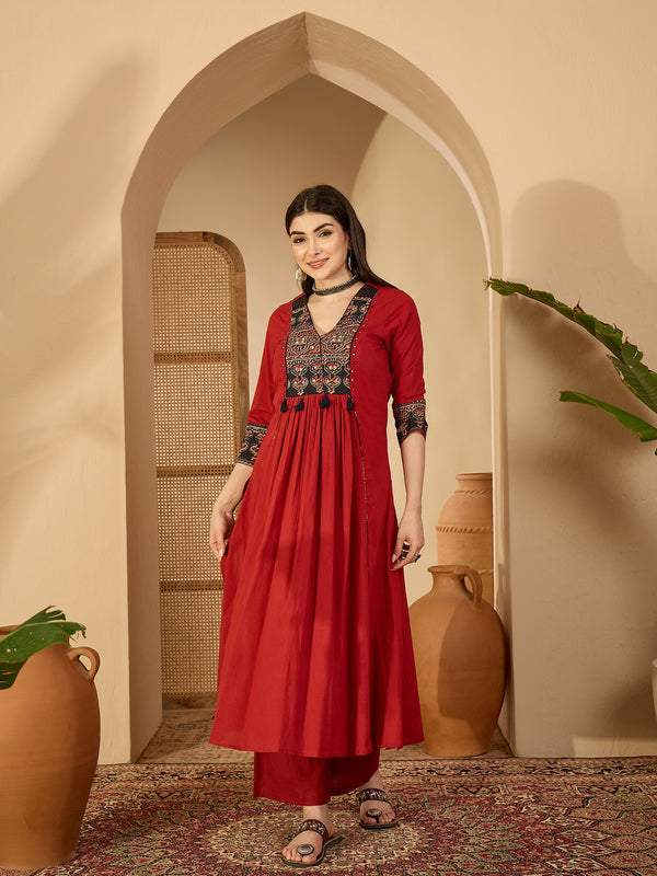 Kimayra Rayon Calf Length Solid 3/4 Sleeve V-Neck Flared Kurta Suit Set