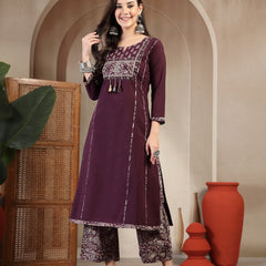 Kimayra Cotton Calf Length Solid 3/4 Sleeve Round Neck Straight Kurta Suit Set