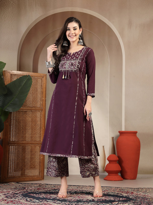 Kimayra Cotton Calf Length Solid 3/4 Sleeve Round Neck Straight Kurta Suit Set