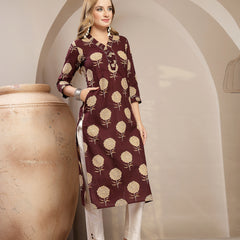 Kimayra Cotton Calf Length Printed 3/4 Sleeve V-Neck Straight Kurta