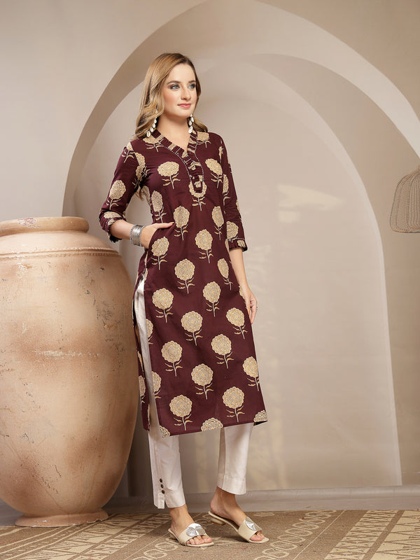 Kimayra Cotton Calf Length Printed 3/4 Sleeve V-Neck Straight Kurta