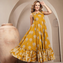 Kimayra Cotton Calf Length Printed Sleeveless Round Neck Flared Dress