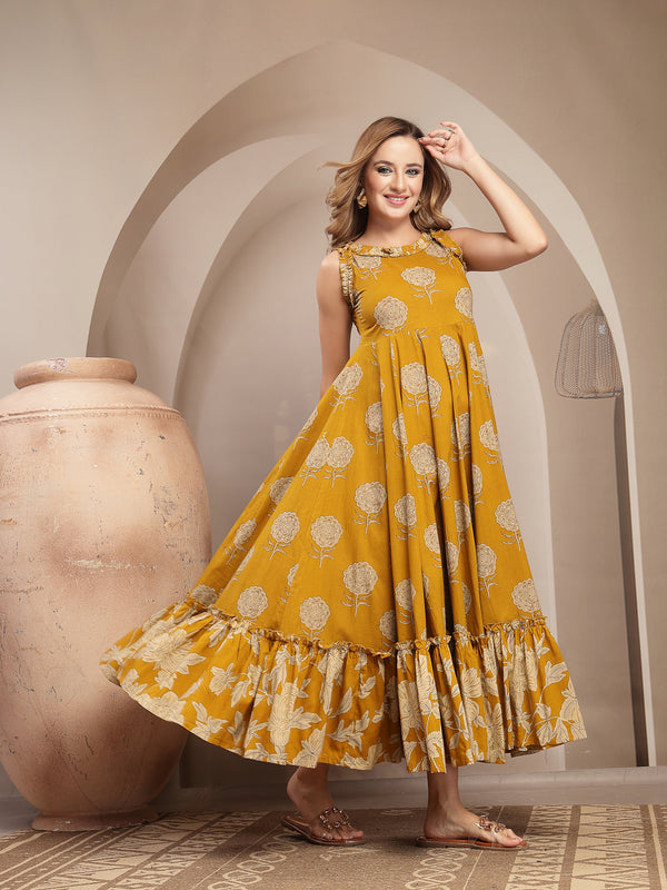 Kimayra Cotton Calf Length Printed Sleeveless Round Neck Flared Dress