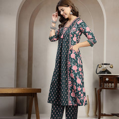 Kimayra Cotton Calf Length Printed 3/4 Sleeve V-Neck Flared Kurta Suit Set