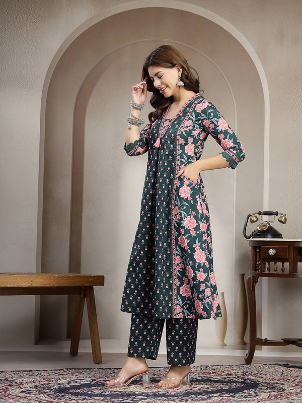 Kimayra Cotton Calf Length Printed 3/4 Sleeve V-Neck Flared Kurta Suit Set