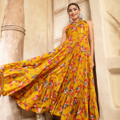 Kimayra Cotton Calf Length Printed Sleeveless Key Hole Neck Flared Kurta