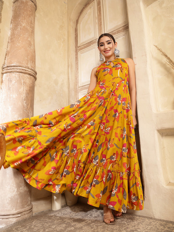 Kimayra Cotton Calf Length Printed Sleeveless Key Hole Neck Flared Kurta