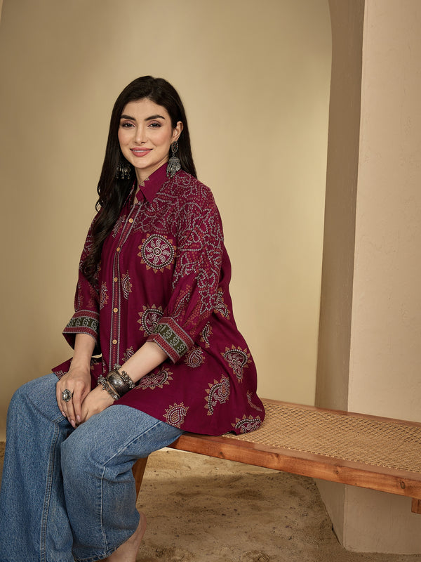 Kimayra Rayon Hip Length Printed 3/4 Sleeve Shirt Collar Flared Top