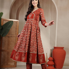 Kimayra Cotton Calf Length Printed 3/4 Sleeve V Neck Flared Kurta Suit Set