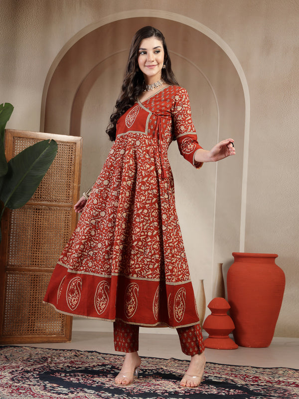 Kimayra Cotton Calf Length Printed 3/4 Sleeve V Neck Flared Kurta Suit Set