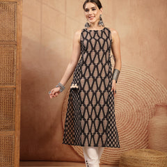 Kimayra Rayon Calf Length Printed Sleeveless Round Neck Straight Kurta