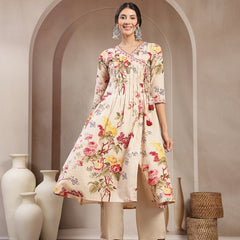 Kimayra Cotton Calf Length Printed 3/4 Sleeve V-Neck Flared Kurta Suit Set