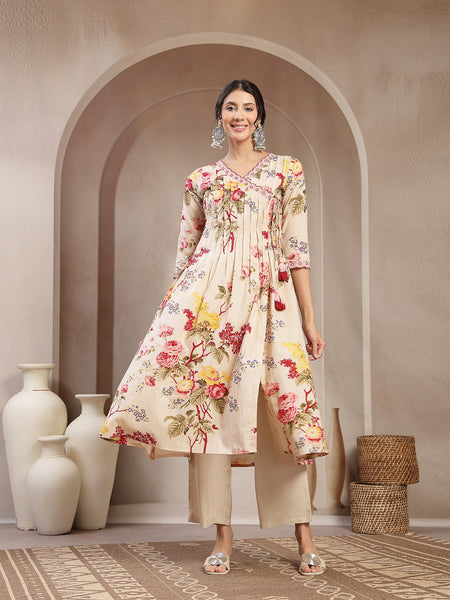 Kimayra Cotton Calf Length Printed 3/4 Sleeve V-Neck Flared Kurta Suit Set