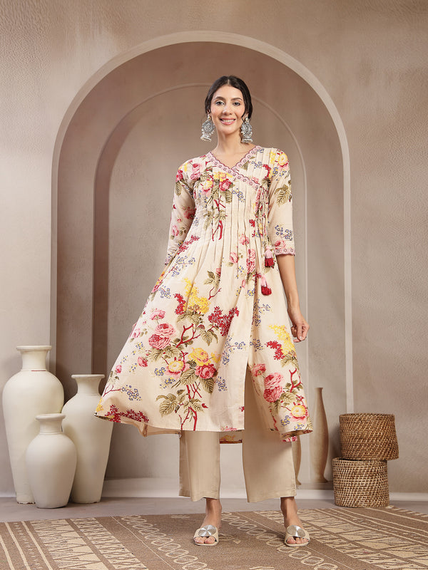 Kimayra Cotton Calf Length Printed 3/4 Sleeve V-Neck Flared Kurta Suit Set