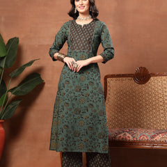 Kimayra Cotton Calf Length Printed 3/4 Sleeve Round Neck Straight Kurta Suit Set