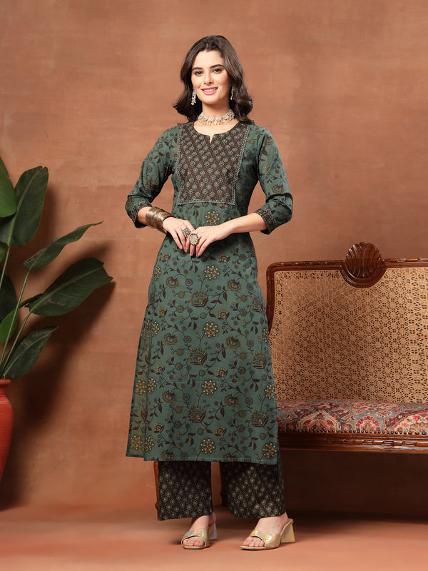 Kimayra Cotton Calf Length Printed 3/4 Sleeve Round Neck Straight Kurta Suit Set