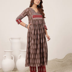 Kimayra Cotton Calf Length Printed 3/4 Sleeve V-Neck Flared Kurta Suit Set