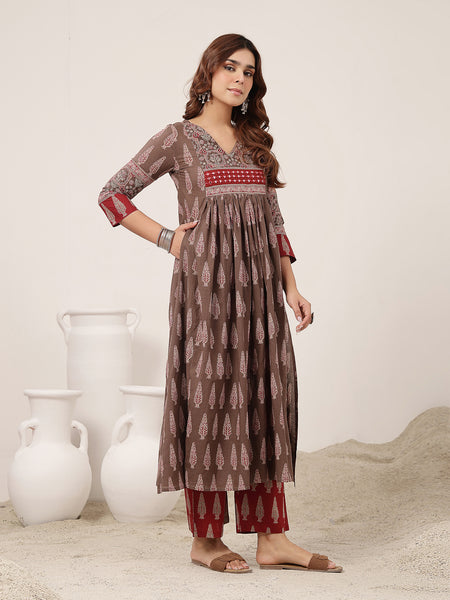 Kimayra Cotton Calf Length Printed 3/4 Sleeve V-Neck Flared Kurta Suit Set