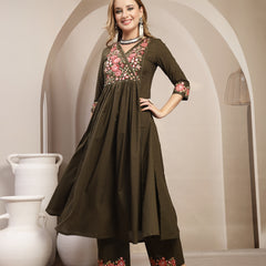 Kimayra Cotton Calf Length Solid 3/4 Sleeve V-Neck Flared Kurta Suit Set