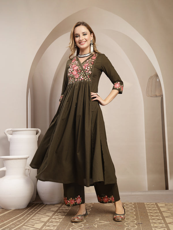 Kimayra Cotton Calf Length Solid 3/4 Sleeve V-Neck Flared Kurta Suit Set