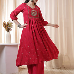 Kimayra Rayon Calf Length Printed 3/4 Sleeves Round Neck Flared Kurta Suit Set