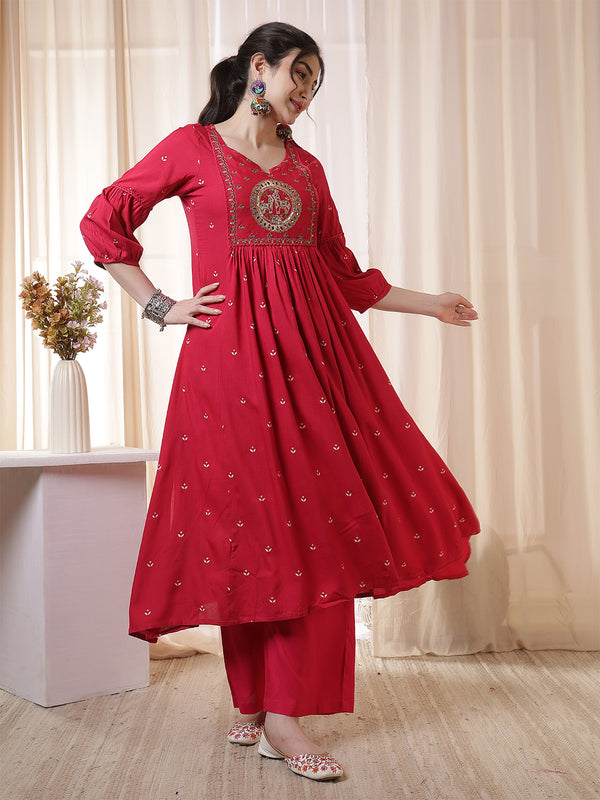 Kimayra Rayon Calf Length Printed 3/4 Sleeves Round Neck Flared Kurta Suit Set