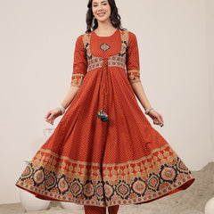 Kimayra Cotton Calf Length Printed 3/4 Sleeve Round Neck Flared Kurta Suit Set