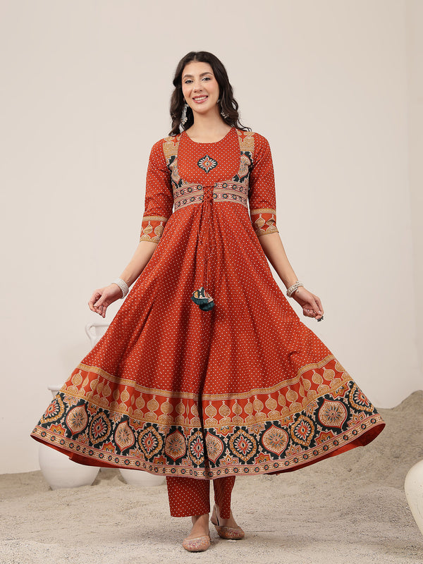 Kimayra Cotton Calf Length Printed 3/4 Sleeve Round Neck Flared Kurta Suit Set