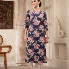 Kimayra Rayon Calf Length Printed 3/4 Sleeve Round Neck Straight Kurta