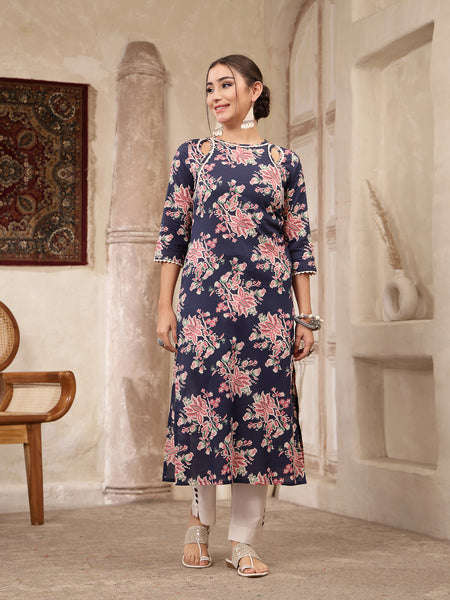 Kimayra Rayon Calf Length Printed 3/4 Sleeve Round Neck Straight Kurta