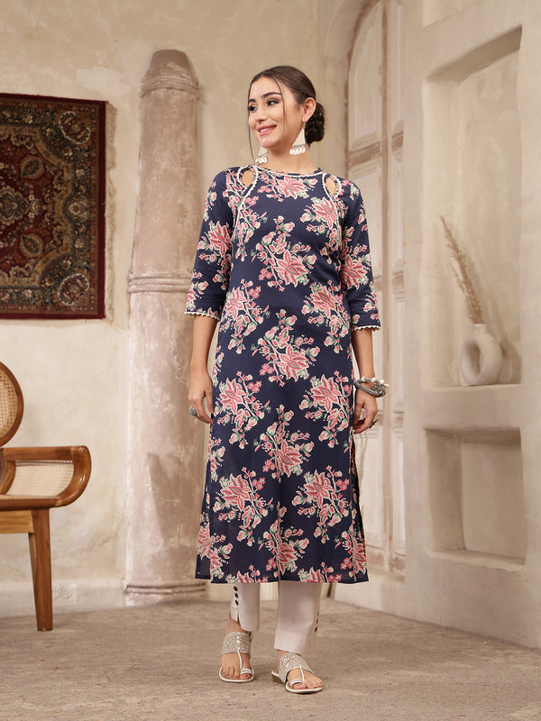 Kimayra Rayon Calf Length Printed 3/4 Sleeve Round Neck Straight Kurta
