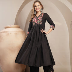 Kimayra Cotton Calf Length Solid 3/4 Sleeve V-Neck Flared Kurta Suit Set