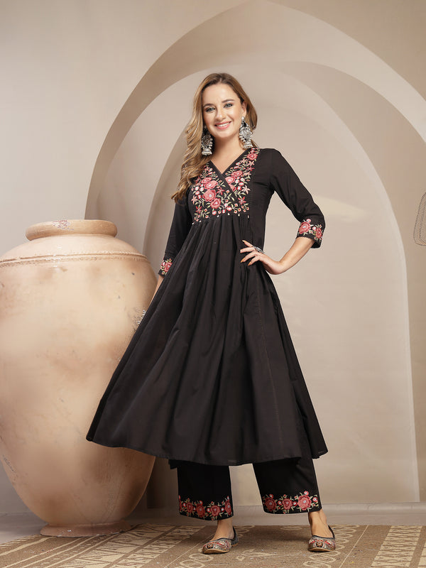 Kimayra Cotton Calf Length Solid 3/4 Sleeve V-Neck Flared Kurta Suit Set